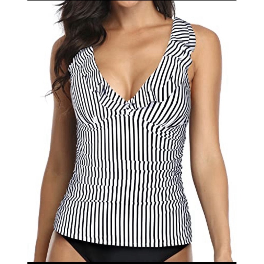 Yonique NWT Tank Top Tummy Control Tankini Swimsuit Top Black/white XL